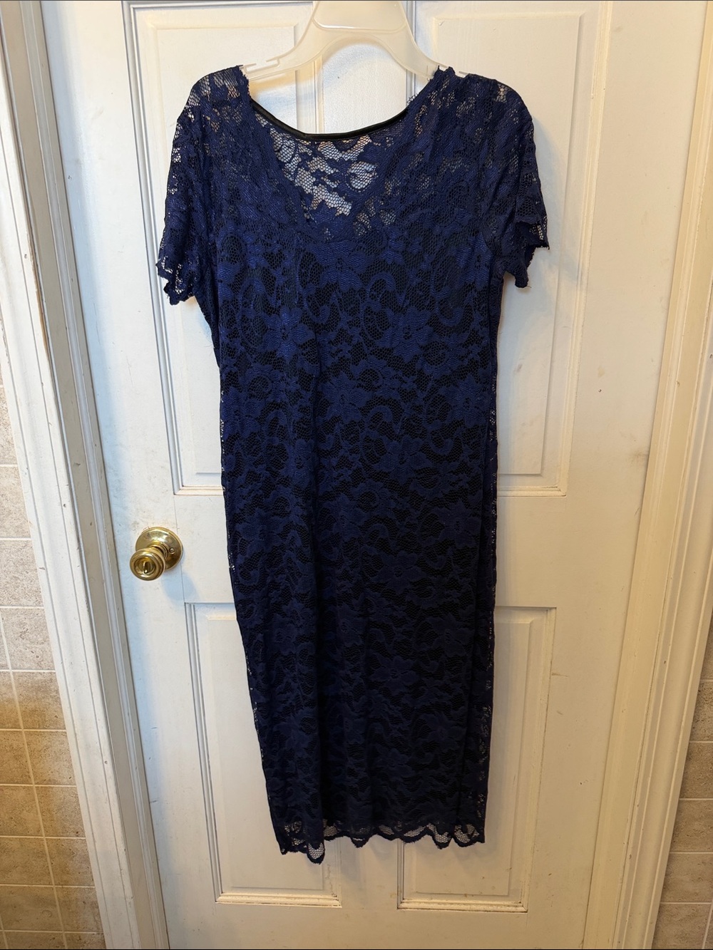 Navy Blue Lace Overlay Midi Dress